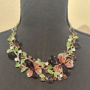 Floral Crystal Statement Necklace in Purple and Green